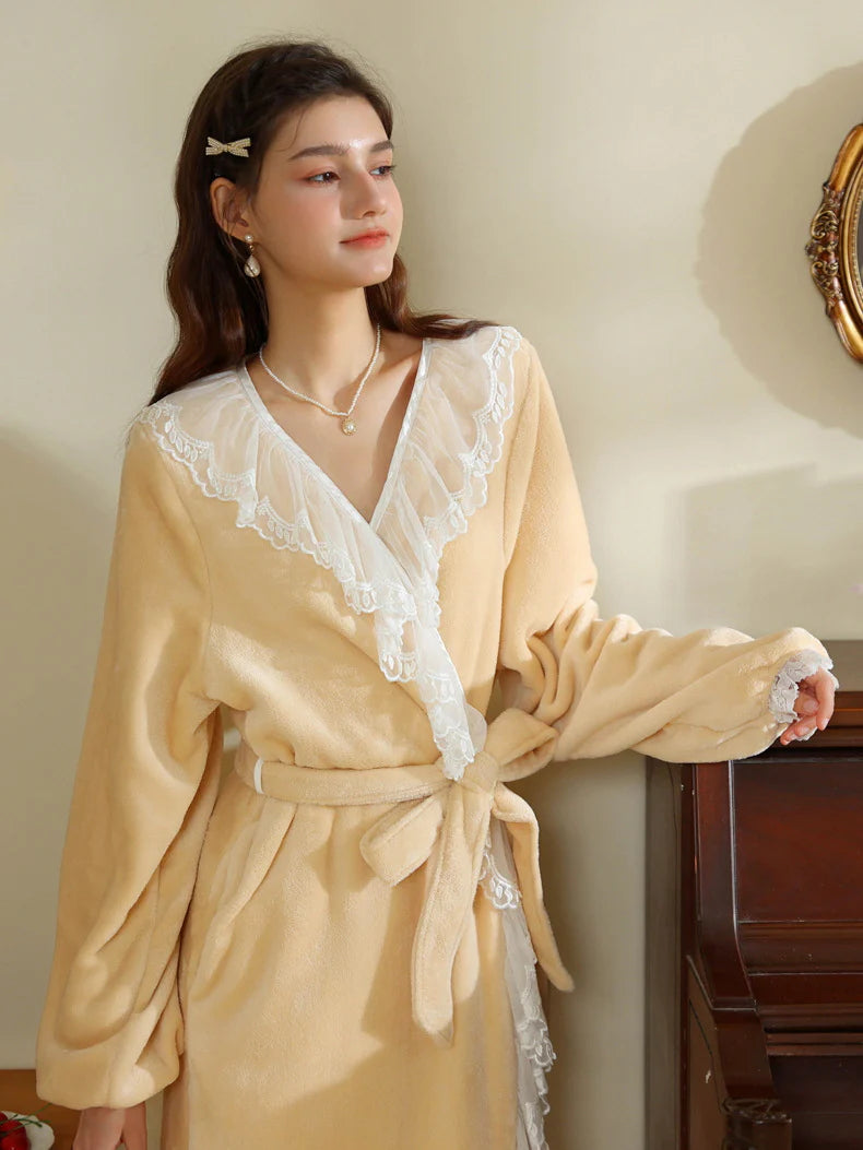 Velvet Lace-Trim Wrap Robe