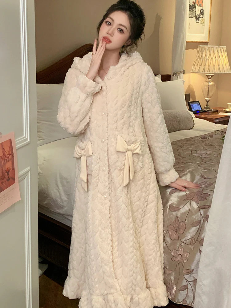 Cozy Winter Velvet Bow Hooded Robe