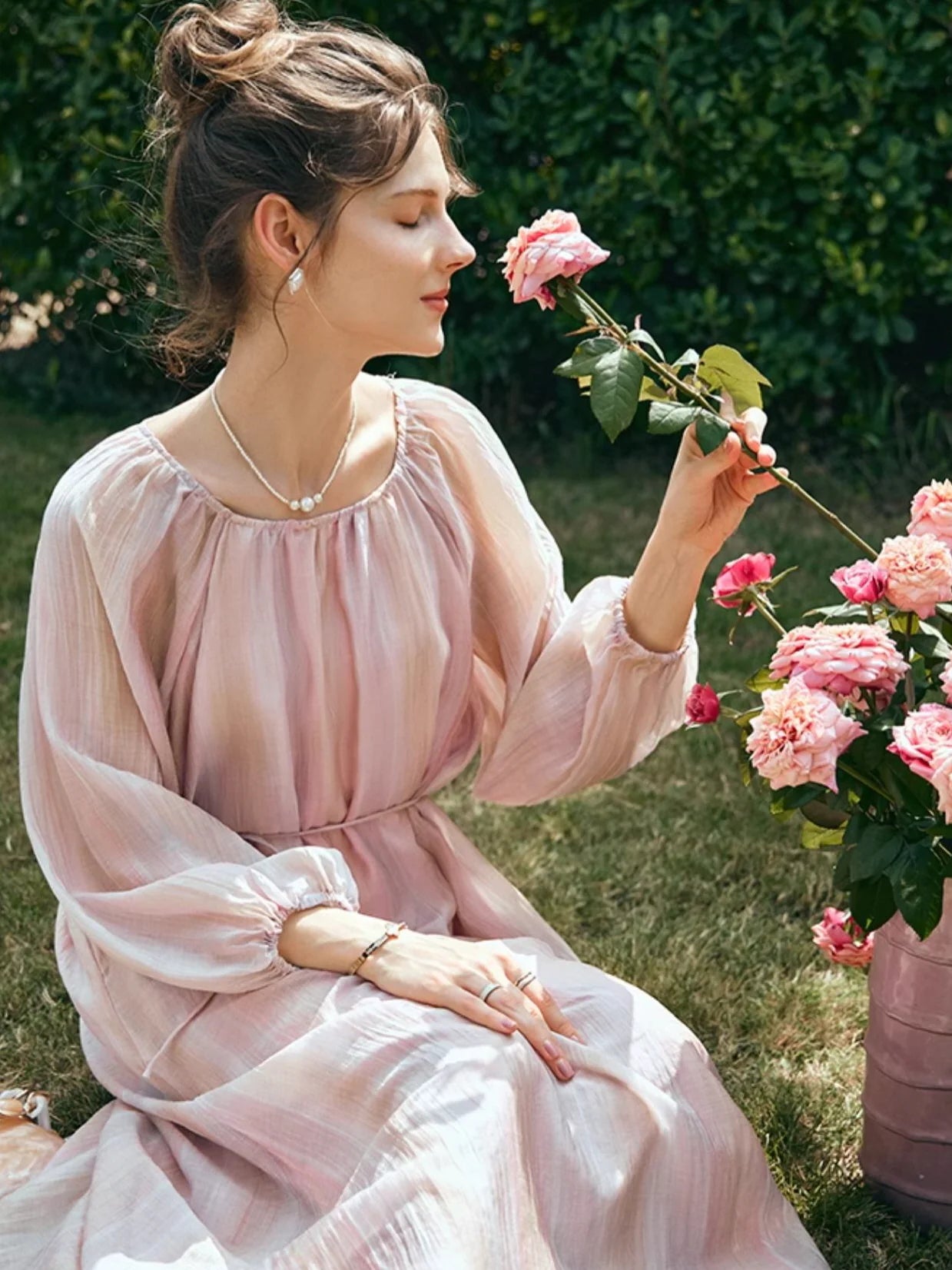 Ethereal Blush Striped Chiffon Dress