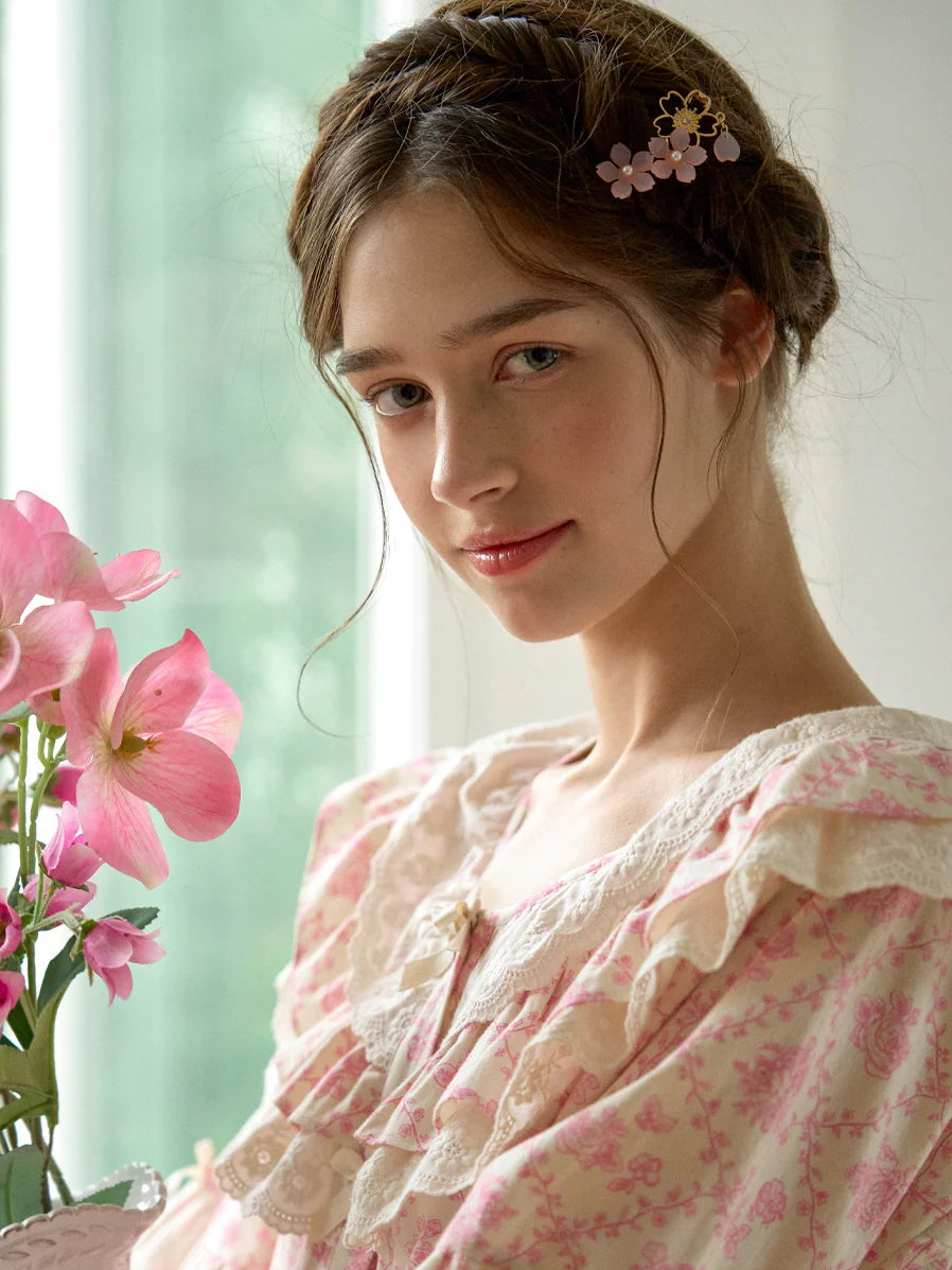 Pink Floral Lace Ruffle Loungewear Set