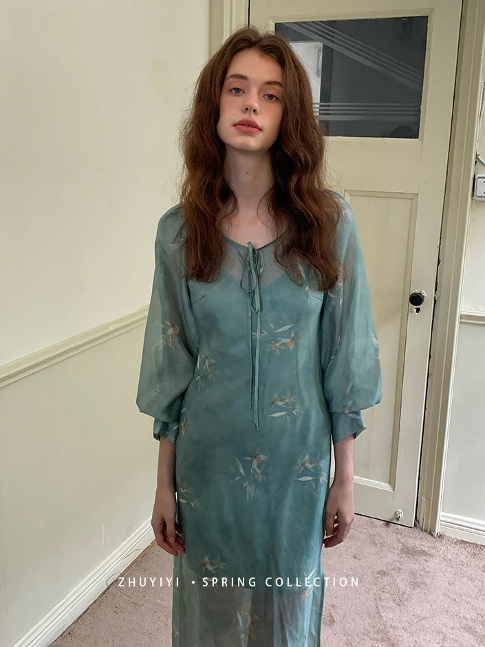 Ethereal Spring Meadow Sheer Sleeve Dress