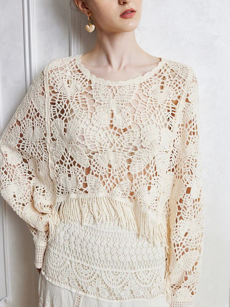 Bohemian Crochet Fringe Knit Top