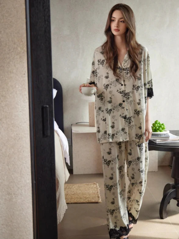Black Rose Lace Trim Pajama Set