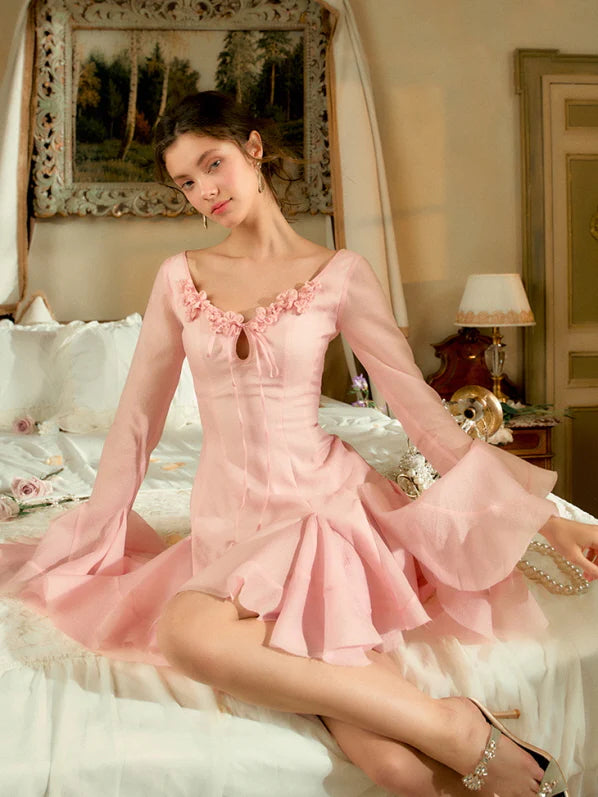 Rosy Flare Sleeve Coquette Dress