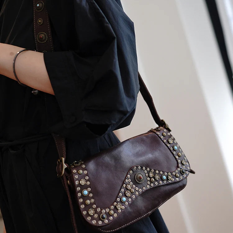 Studded Bohemian Genuine Leather Crossbody Bag
