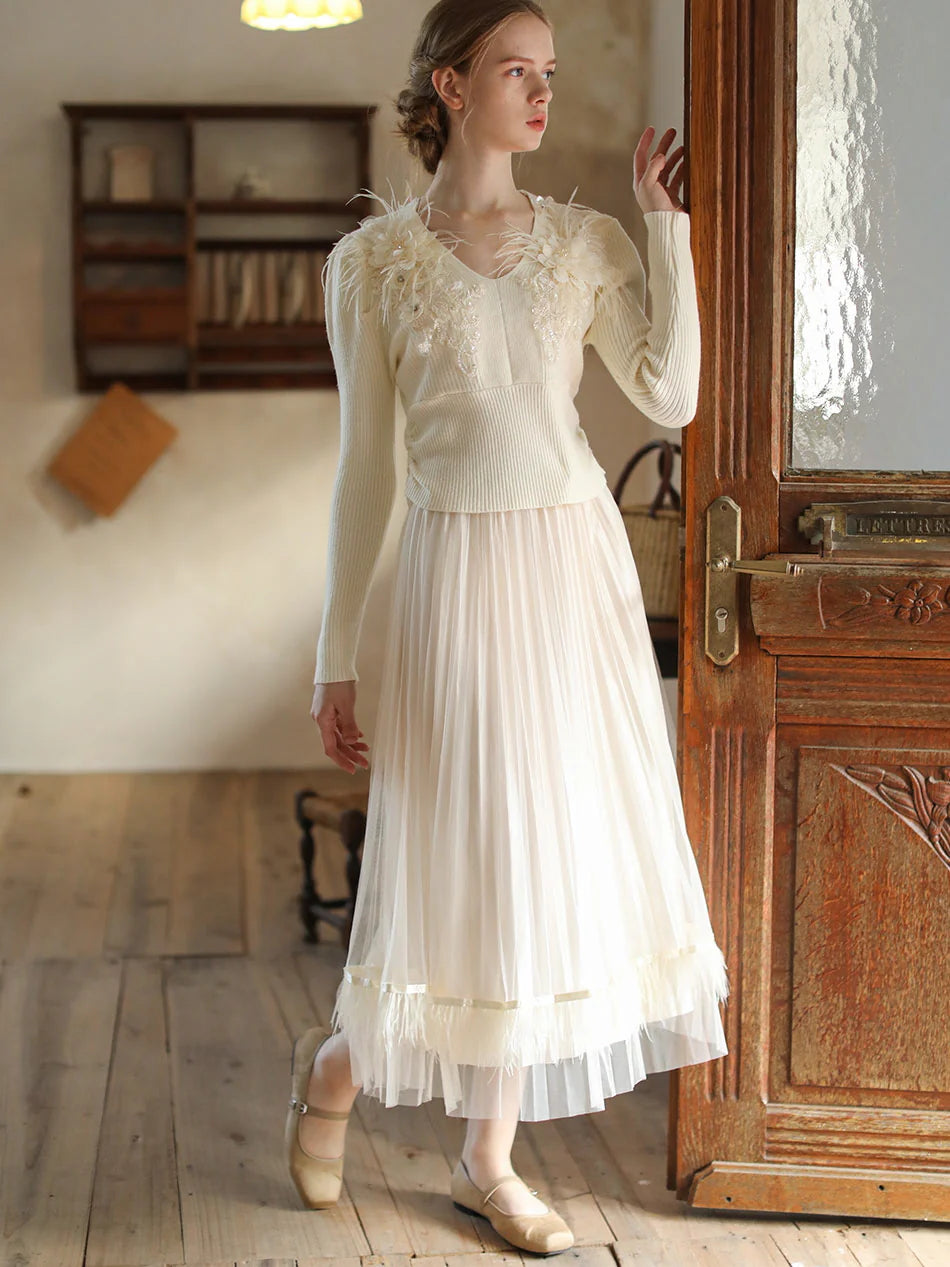 Dreamy Feather-Trim Pleated Skirt