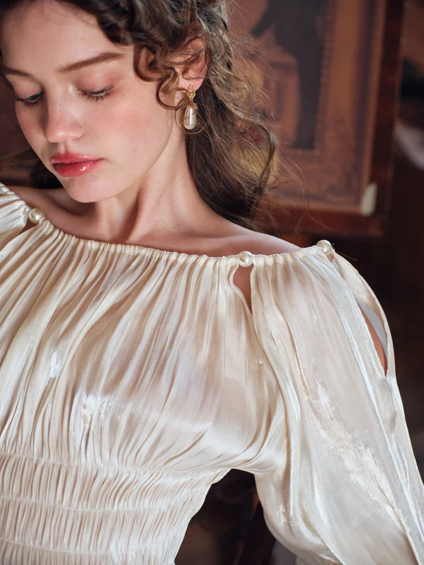 Pearl Ribbon Shirred Ivory Blouse