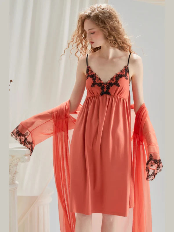 Ethereal Lace Trim Nightgown Set – Delicate Robe & Slip Dress