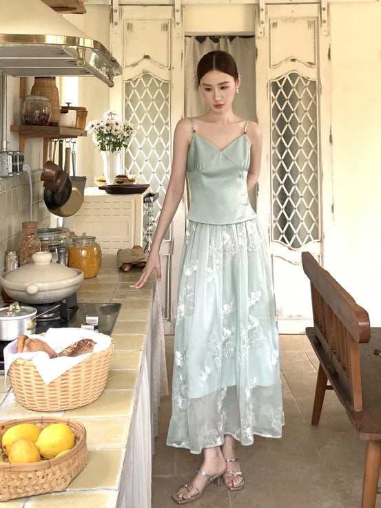 Whispering Petal Satin Top & Embroidered Tulle Skirt