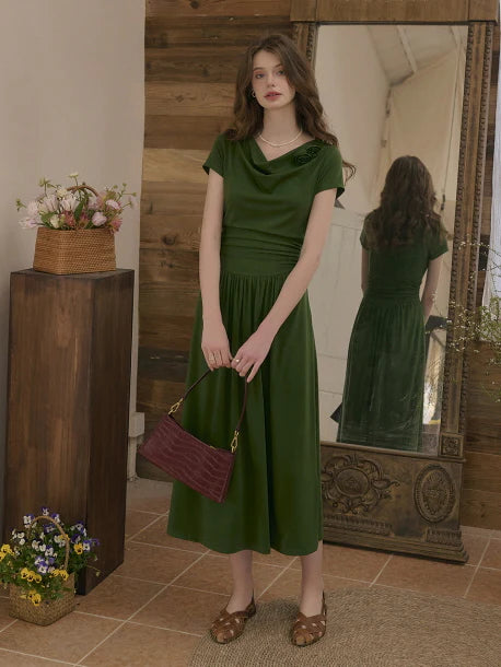 Emerald Whisper Draped Neckline Dress