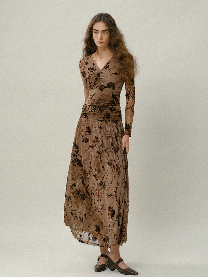 Brown Bloom Vintage Mesh Dress