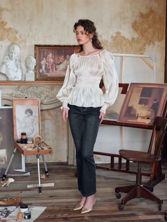 Pearl Ribbon Shirred Ivory Blouse