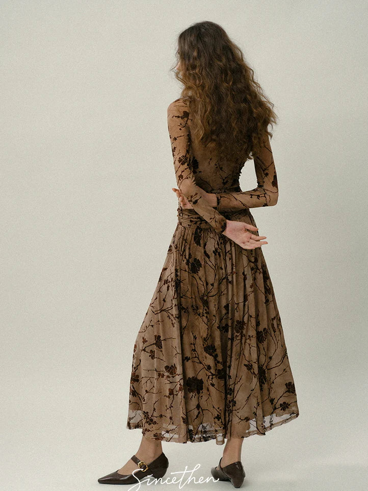 Brown Bloom Vintage Mesh Dress