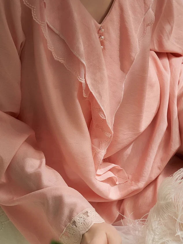 Elegant Ruffled Lace-Trim Pajama Set