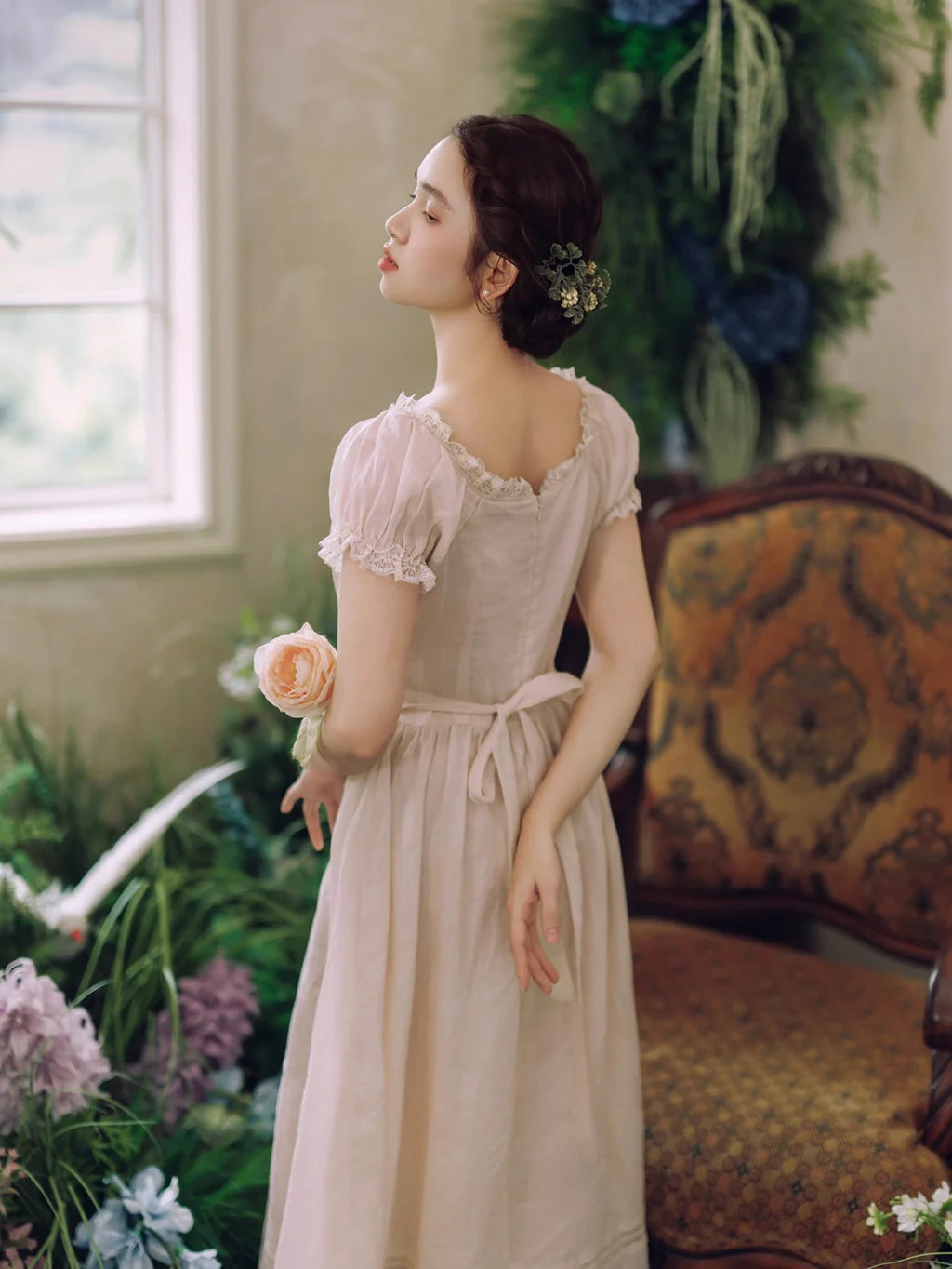 Blush Pearl‑Detail Lace Trim Dress