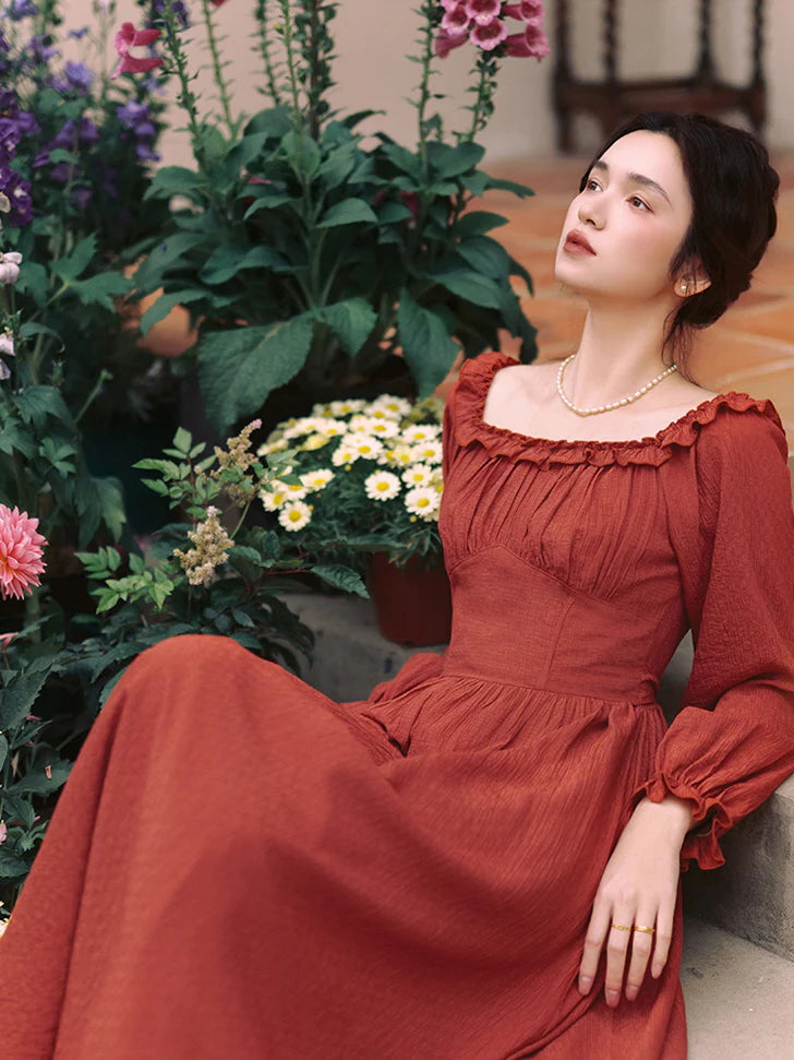 Retro Ruffled Square Neck Dress