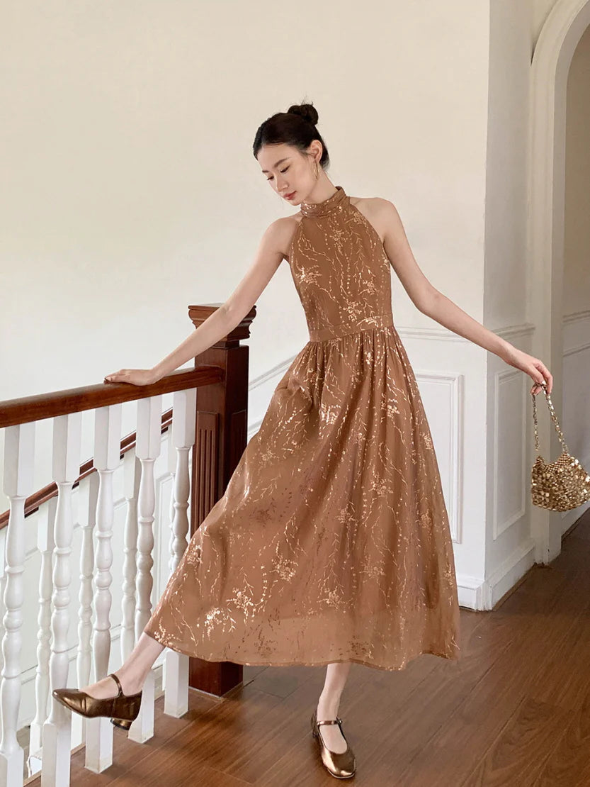 Golden Bloom Halter Dress