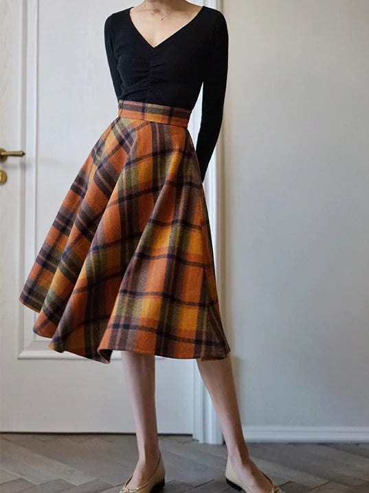 Vintage Autumn Wool Plaid Skirt