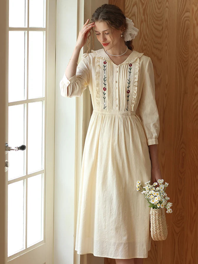 Floral Embroidery Ruffle Trim Cream Cotton Dress