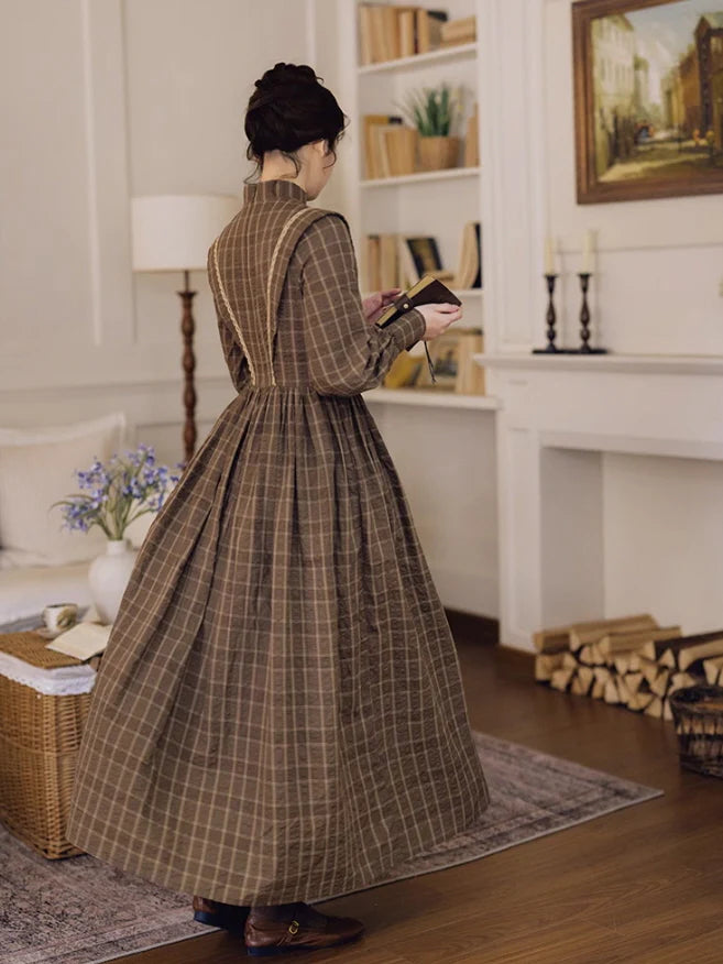 Victorian Plaid High-Neck Lace Trim Dress