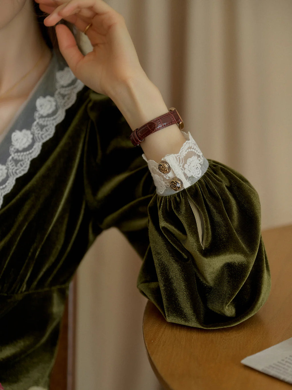 Velvet Elegance Green Lace-Trim Blouse