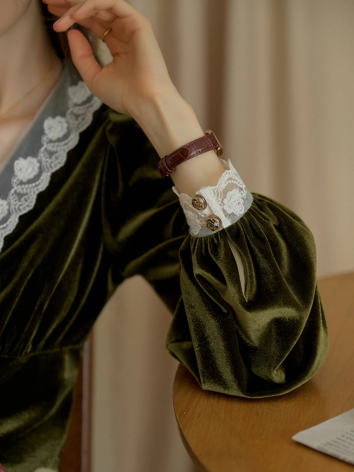 Velvet Elegance Green Lace-Trim Blouse