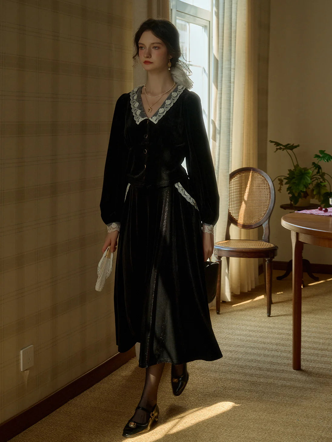 Midnight Velvet Lace-Trim Skirt