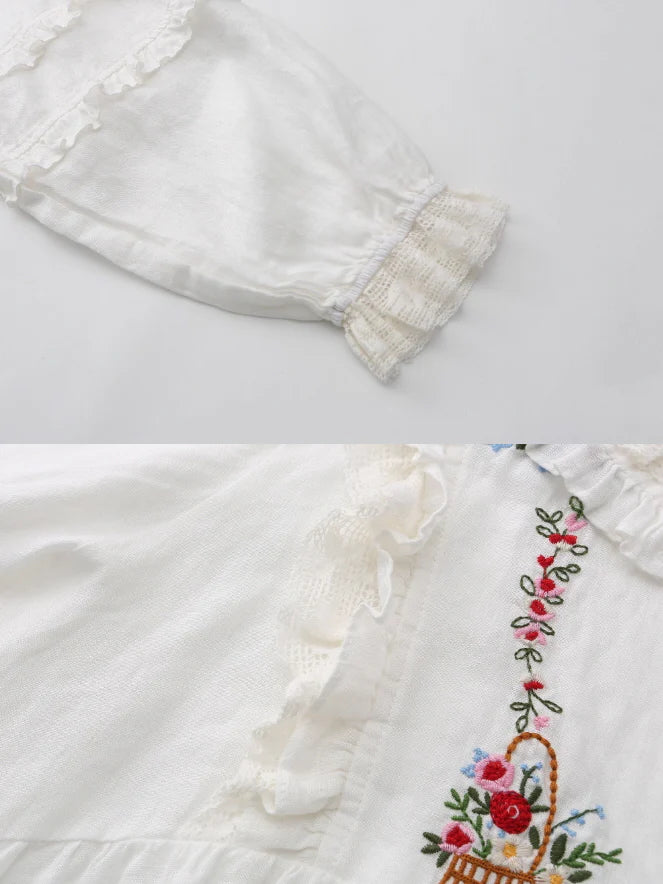 Flower Basket Embroidery Linen Blouse