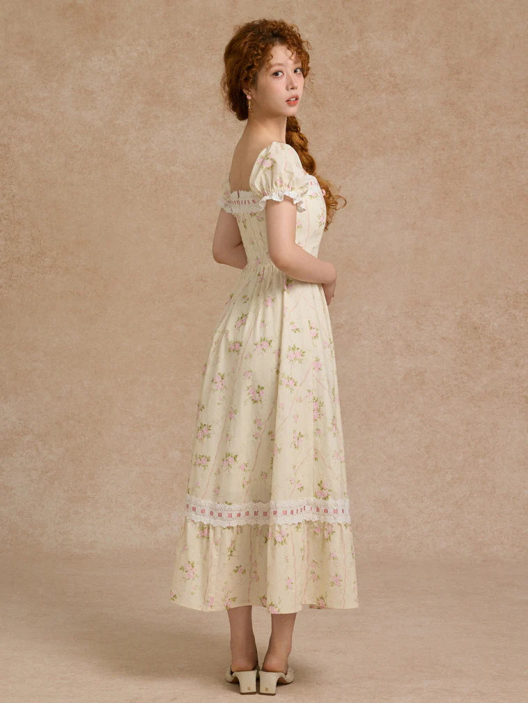Vintage Rose Garden Lace-Up Off-Shoulder Dress