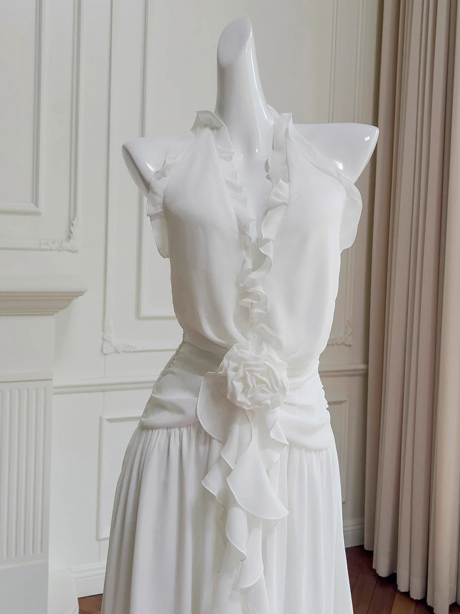 Ethereal Ruffle Rose White Dress