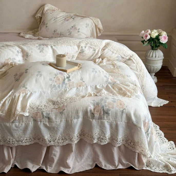 Vintage Rose Lace Trim Bedding Set