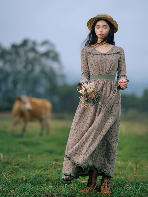 Whispering Meadow Floral Dress with Green Frill