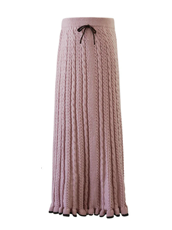 Ribbon Trim Pink Cable Knit Skirt
