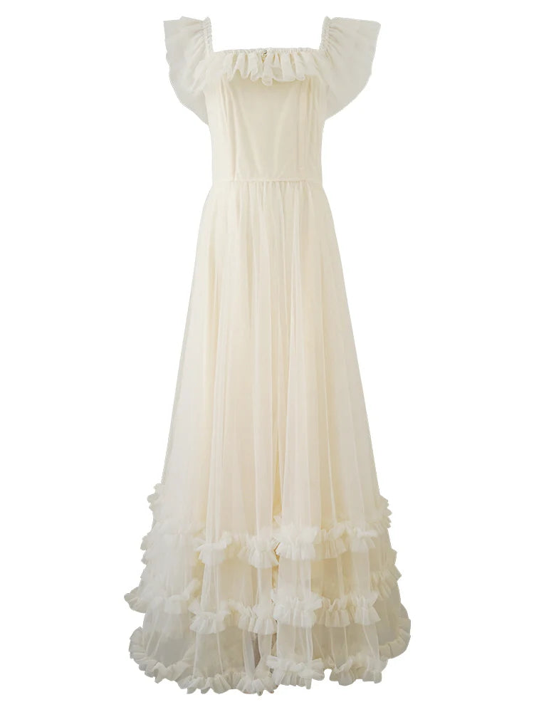 Ivory Tulle Ruffle Off-Shoulder Dress