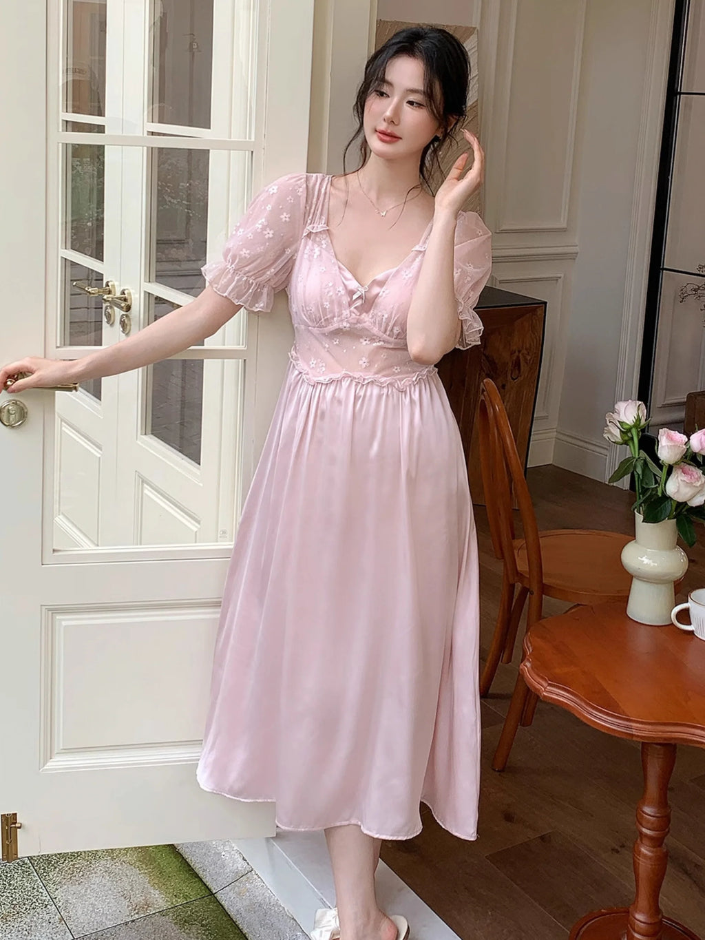 Blush Petal Embroidered Mesh Nightdress