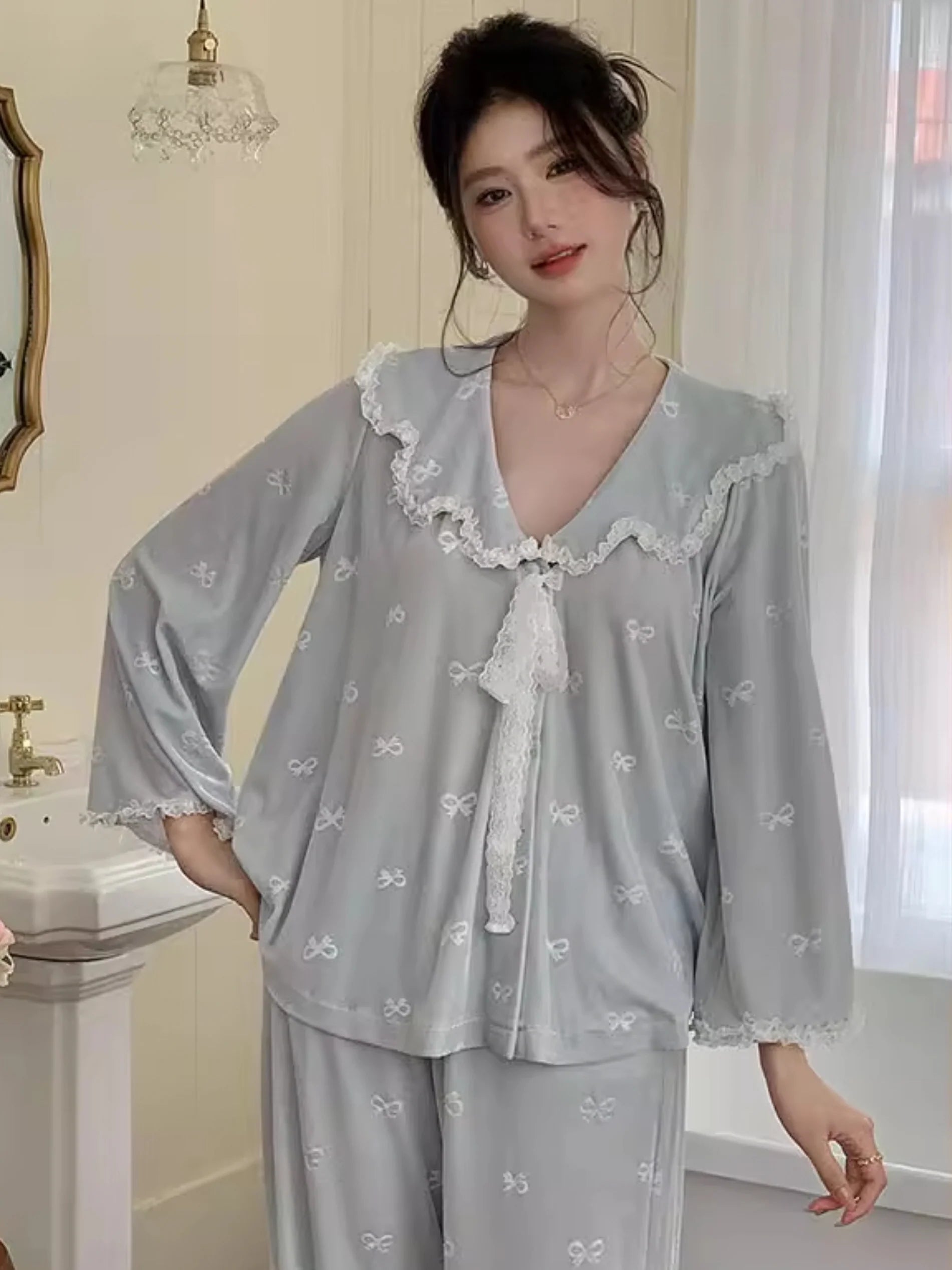 Whimsical Bow Lace Trim Loungewear Set