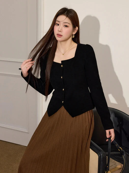 Elegant Black Square-Neck Knit Blazer