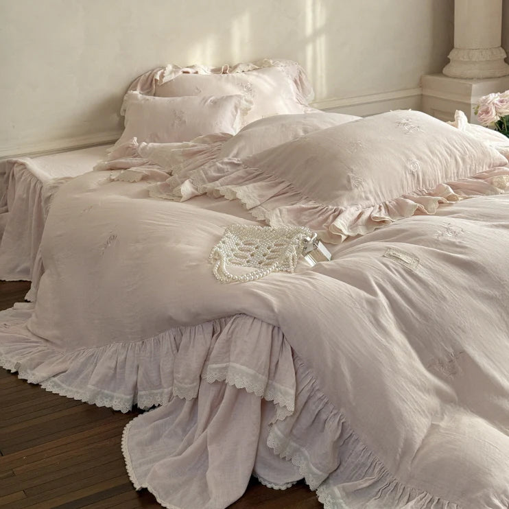 Pink Rose Embroidered Ruffle Bedding Set