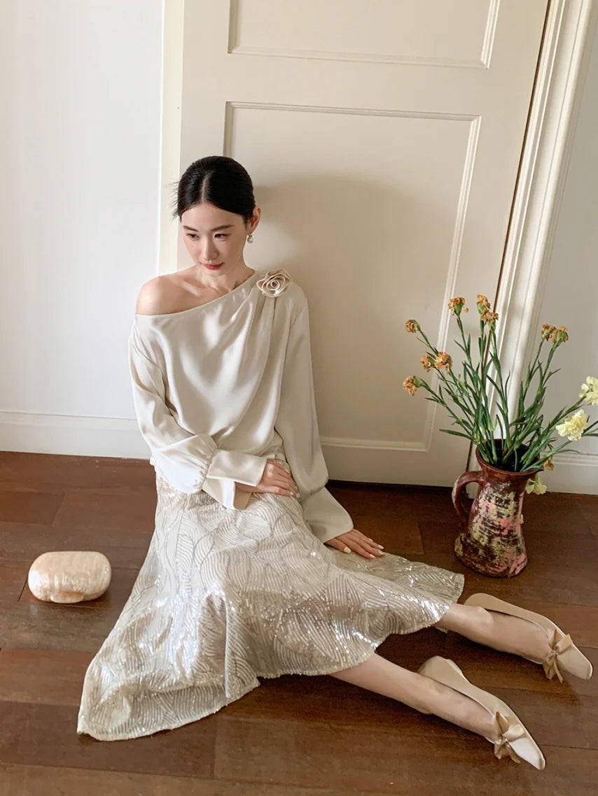 Off-Shoulder Flower Accent Blouse