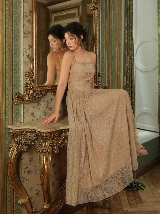 Champagne Lace Bow Evening Dress
