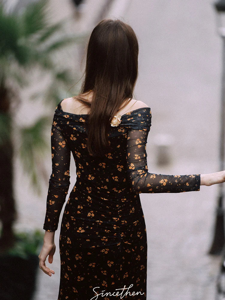 Midnight Blossom Off-Shoulder Mesh Dress