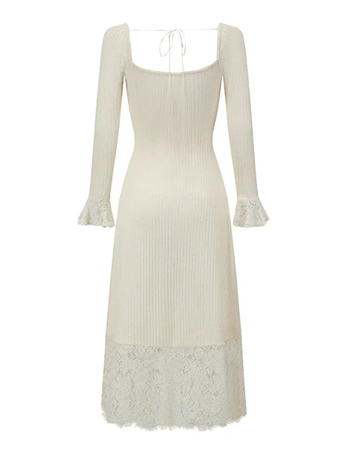 Elegant Lace Trim  Flared Sleeves Knit Dress