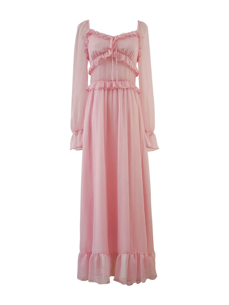 Blush Petal Frill Chiffon Dress
