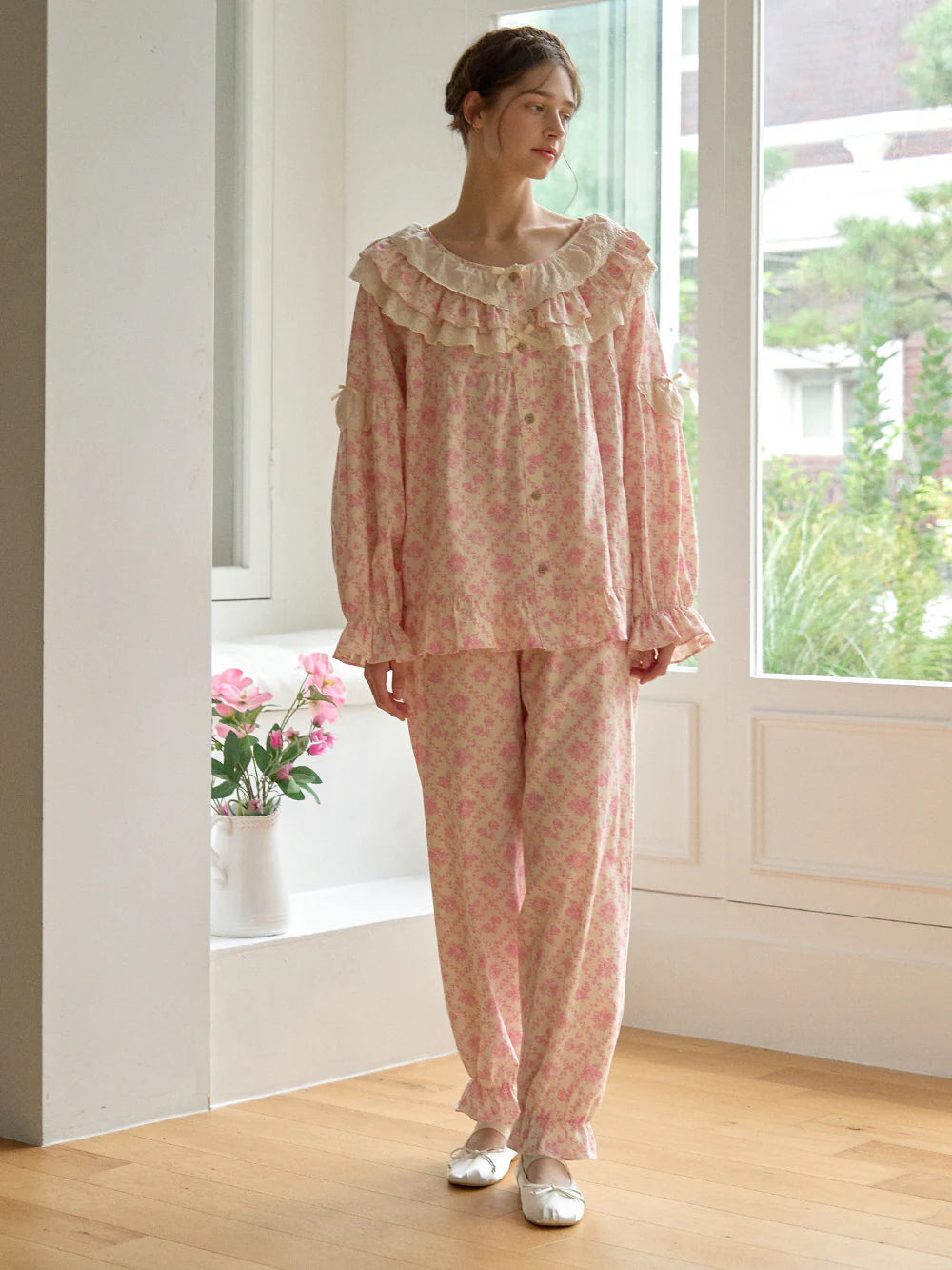 Pink Floral Lace Ruffle Loungewear Set