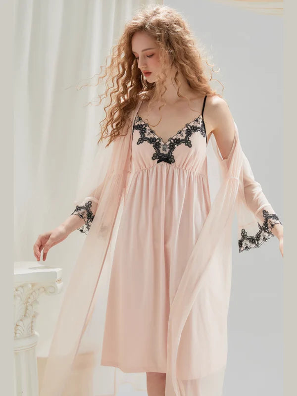 Ethereal Lace Trim Nightgown Set – Delicate Robe & Slip Dress