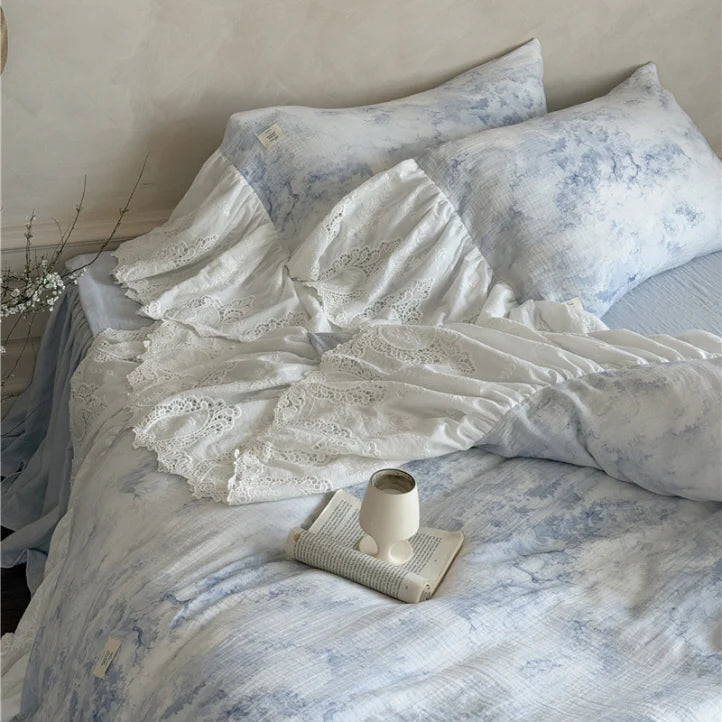 Watercolor Blue Lace Ruffle Bedding Set