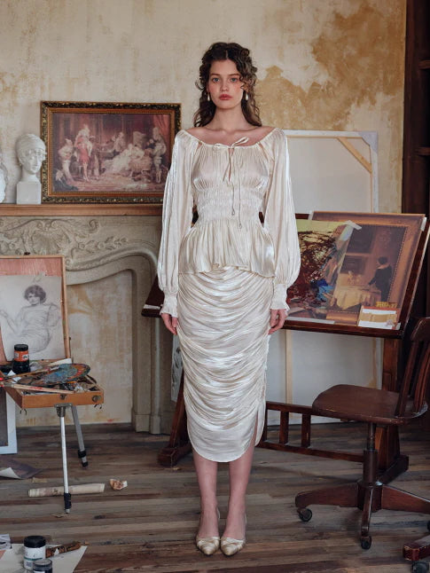 Pearl Ribbon Shirred Ivory Blouse