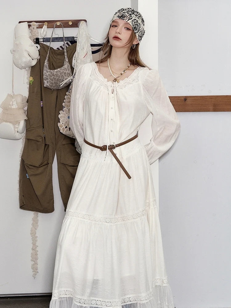 Ethereal Lace Trim Tiered Long Dress