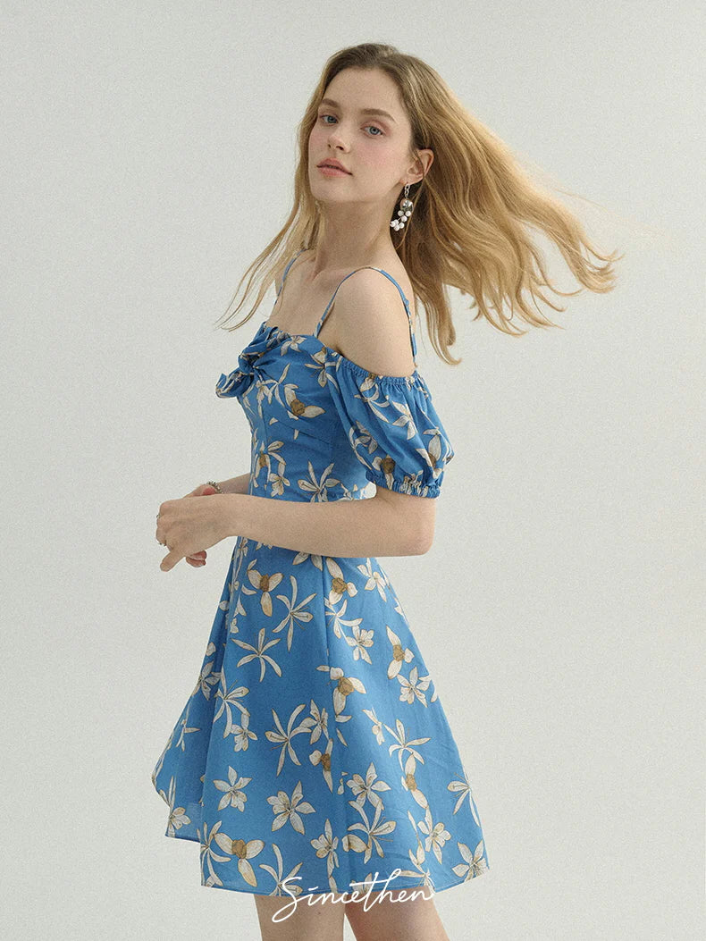 Blue Floral Off-Shoulder Summer Dress