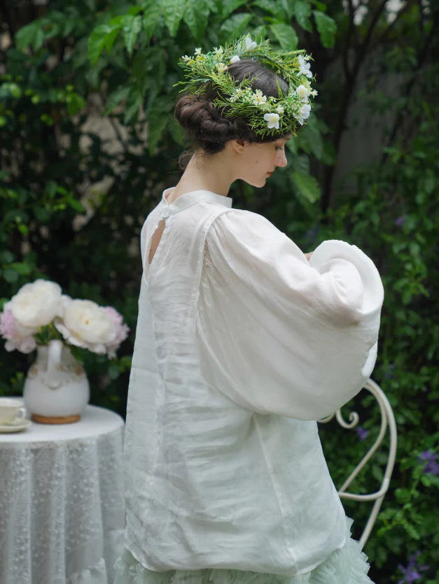 Embroidered Floral Brooch Linen Cotton Blouse